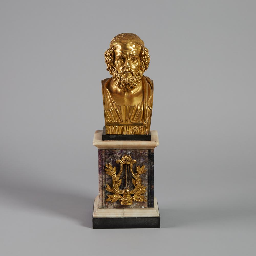 Gilt Bronze Bust of Homer on a Regency Ormolu Mounted Blue John Pedestal, early 19th century, heigh