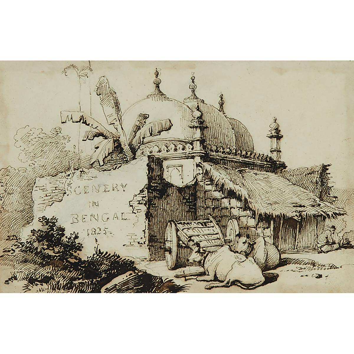 George Chinnery (1774-1852), SCENERY IN BENGAL, 1825 (DESIGN FOR THE FRONTISPIECE), Brown ink and pe