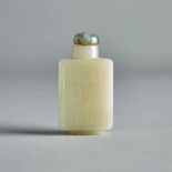 An Inscribed Celadon White Jade Snuff Bottle, 19th Century, 十九世紀 青白玉詩文鼻煙壺, height 2.6 in — 6.5 cm
