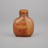 A Carved Agate ‘Qilin with Bats’ Snuff Bottle, 19th Century, 十九世紀 瑪瑙蝙蝠麒麟雕鼻煙壺, height 2.9 in — 7.3 cm