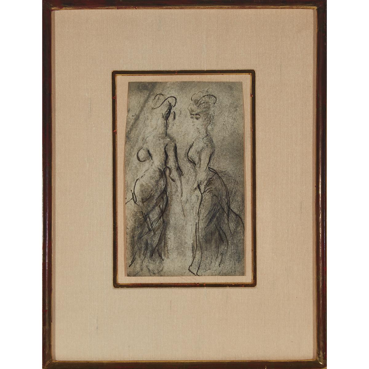 Constantin Guys (1802–1892), TWO LADIES IN HATS, Crayon and ink on thin paper, Sheet 7.2 x 4.3 in — - Image 2 of 3