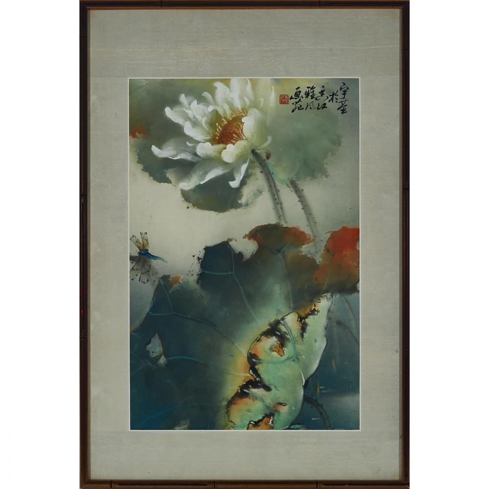 Henry Wo Yue-Kee (1927-), Waterlily, 胡宇基(1927- ) 荷花 設色紙本 鏡框, image 19.7 x 13 in — 50 x 33 cm - Image 2 of 2