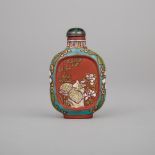 A Rare Enamel and White-Slip Decorated Yixing Stoneware Snuff Bottle, 19th Century, 十九世紀 宜興紫砂琺琅彩花鳥紋鼻