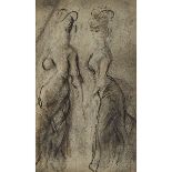 Constantin Guys (1802–1892), TWO LADIES IN HATS, Crayon and ink on thin paper, Sheet 7.2 x 4.3 in —