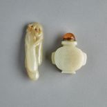 Two Celadon White Jade Carved Items, 青白玉雕茄子獸面穀紋鼻煙壺一組兩件, largest length 3.6 in — 9.2 cm (2 Pieces)