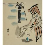 Jin Weihong (1967- ) Lounging Figures, 靳卫紅(1967- )依靠 設色紙本 鏡框, image 20.5 x 17.7 in — 52 x 45 cm