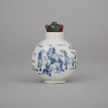 A Blue and White ‘Eight Horses’ Porcelain Snuff Bottle, Yongzheng Mark, 19th Century, 十九世紀 青花八駿圖鼻煙壺