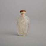 A Carved ‘Hair’ Rock Crystal Snuff Bottle, 19th Century, 十九世紀 髮晶仕女浮雕鼻煙壺, height 2.7 in — 6.9 cm