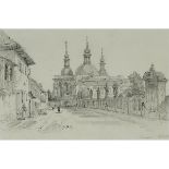 Samuel Prout (1783-1852), ST. NICHOLAS CHURCH FROM THE CHARLES BRIDGE, PRAGUE, Pencil heightened wit