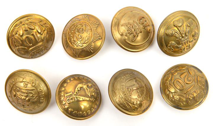 8 infantry OR’s large brass numbered tunic buttons: 3rd, 5th, 10th, 18th, 19th, 20th, 22nd and 23rd.