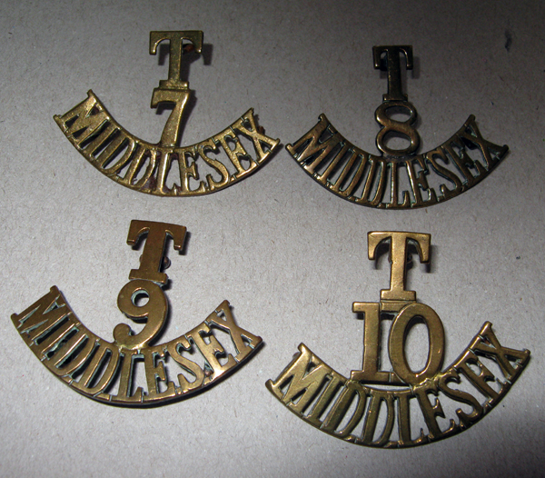 4 Middlesex territorial shoulder titles: T/7, T/8, T/9 and T/10/Middlesex. GC