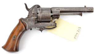 A Belgian 6 shot 7mm DA open frame pinfire revolver, 7” overall, octagonal barrel 3½”, Liege proved,