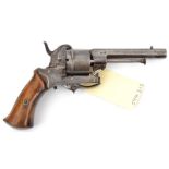 A Belgian 6 shot 7mm DA open frame pinfire revolver, 7” overall, octagonal barrel 3½”, Liege proved,