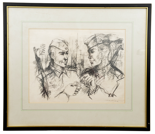 A well executed charcoal sketch of 2 Soviet infantrymen, head and shoulders, wearing forage caps