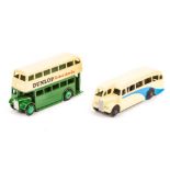 2 Dinky Toys Buses. Leyland Double Deck Bus (290) in dark green and cream with light green wheels,