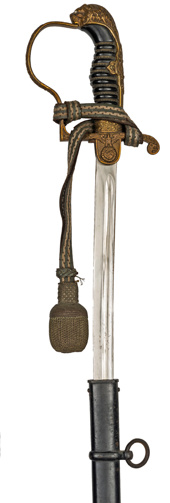 A Third Reich Army officer’s sword, plated blade 32”, by PDL, the brass hilt having lion’s head