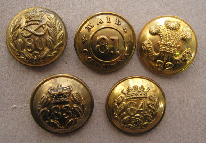 5 pre 1881 infantry officers’ large gilt numbered tunic buttons: 80th, 81st, 82nd, 83rd and 84th. GC