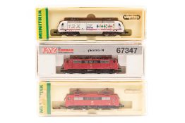 3 N gauge electric locomotives by Minitrix and FMZ by Fleischmann. Minitrix – 2x Bo-Bo DB – 128