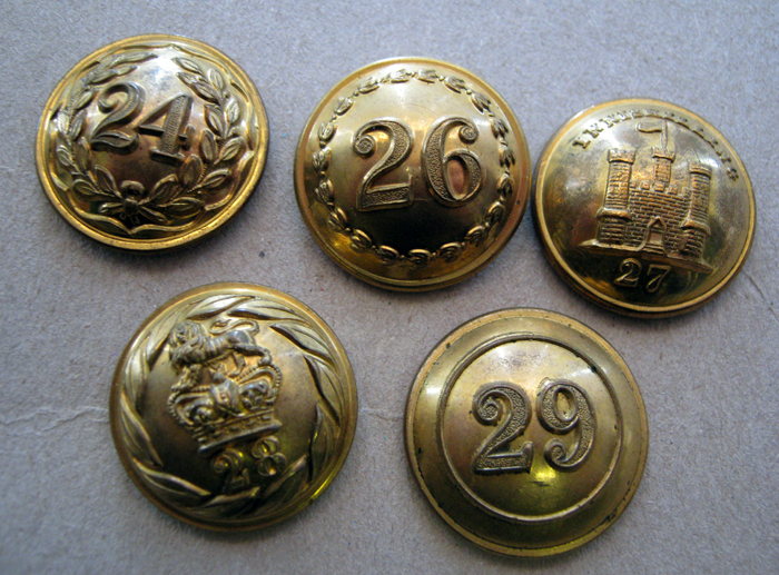 5 pre 1881 infantry officers’ large gilt numbered tunic buttons:24th, 26th, 27th, 28th and 29th. VGC