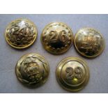 5 pre 1881 infantry officers’ large gilt numbered tunic buttons:24th, 26th, 27th, 28th and 29th. VGC