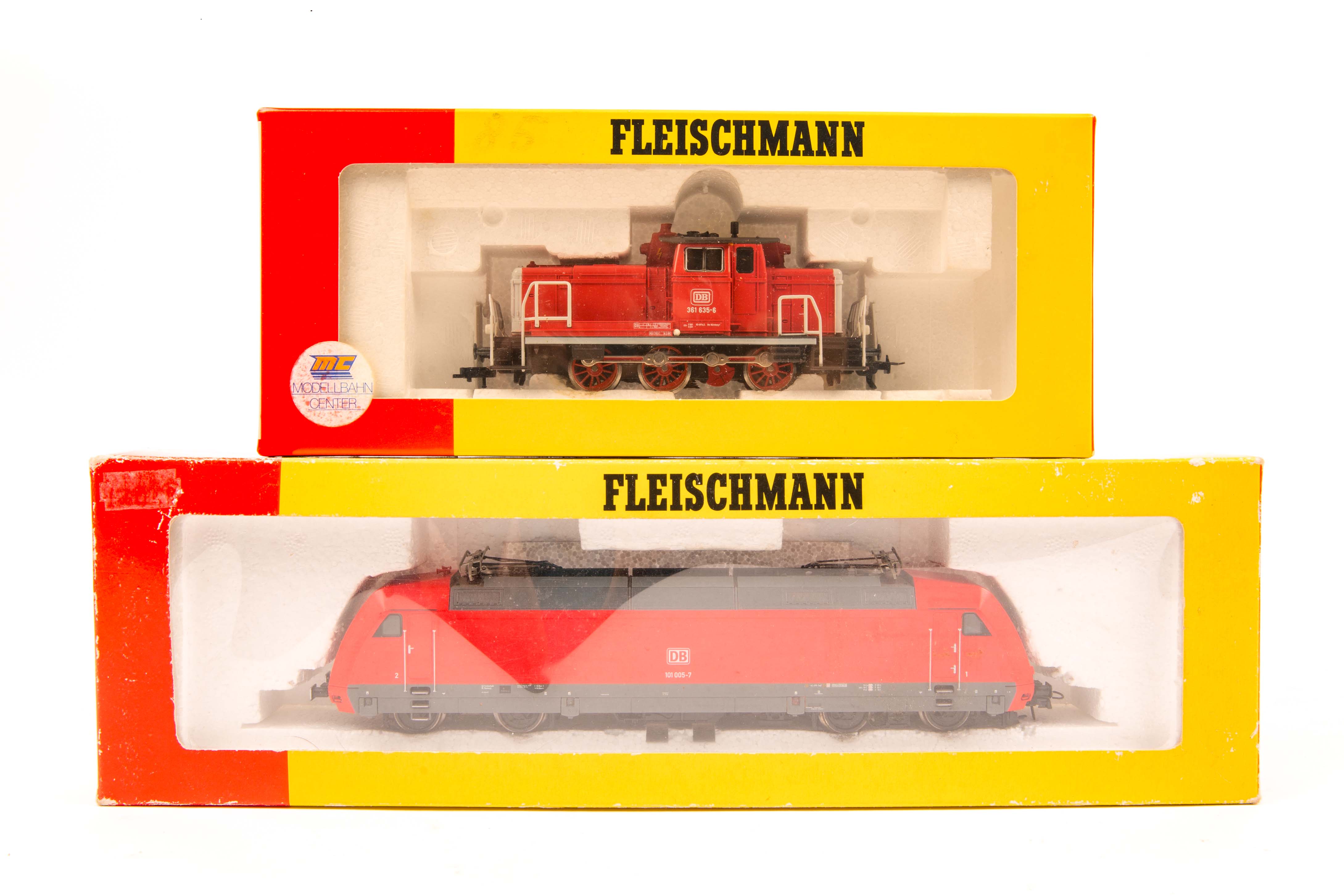 2 Fleischmann HO locomotives. A DB class 381 0-4-2 diesel shunting locomotive 381 635-6 in bright