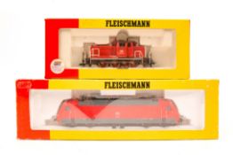 2 Fleischmann HO locomotives. A DB class 381 0-4-2 diesel shunting locomotive 381 635-6 in bright
