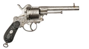 A Belgian 6 shot 11mm DA pinfire revolver, 10” overall, round barrel 5½” with scroll engraved