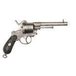 A Belgian 6 shot 11mm DA pinfire revolver, 10” overall, round barrel 5½” with scroll engraved