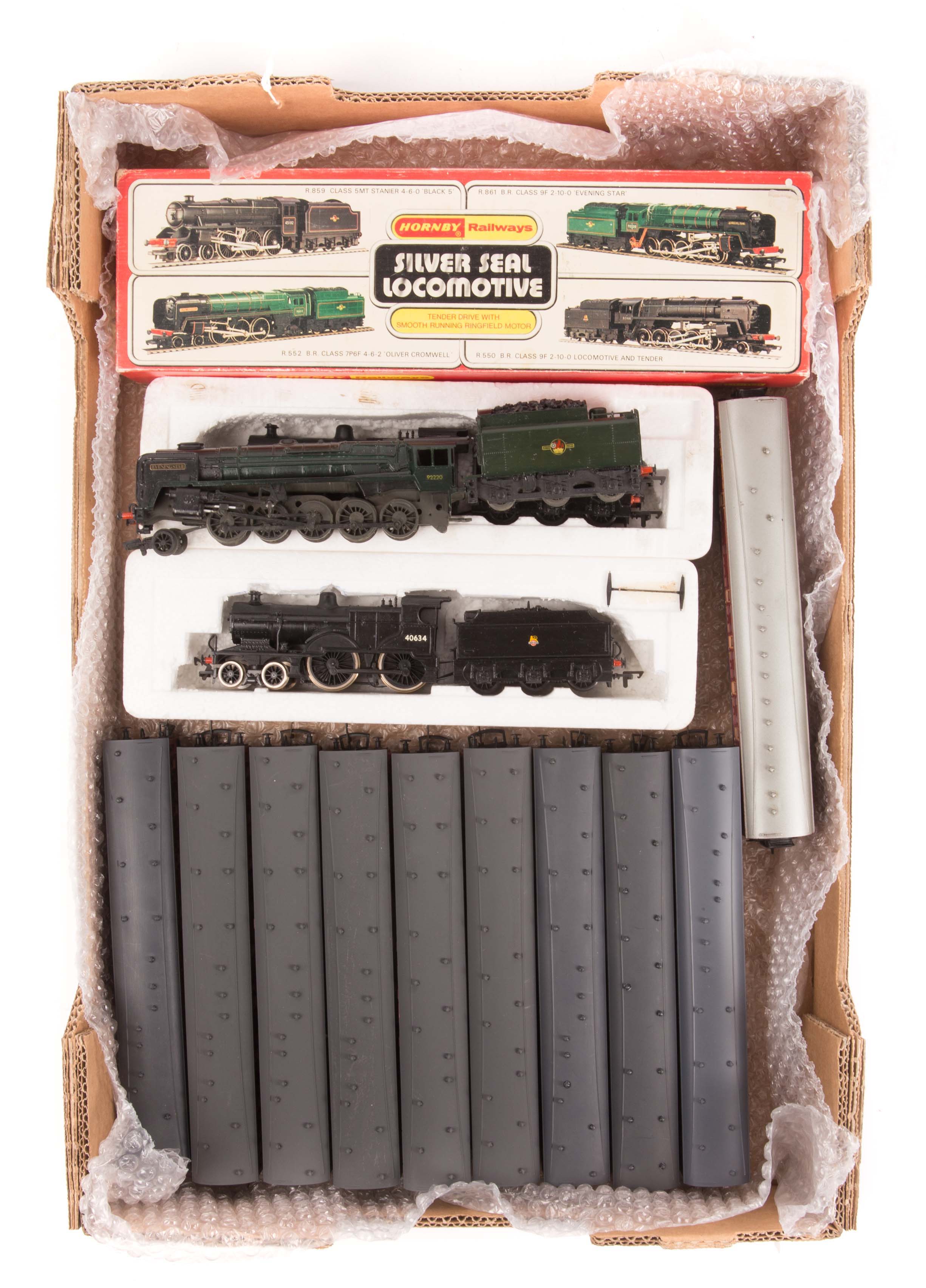 A quantity of OO gauge LMS/BR railway. A boxed Hornby Railways BR Class 9F 2-10-0 tender locomotive,