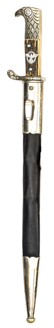 A Third Reich Police parade bayonet, plated blade 13” stamped on one side with scales and ACS
