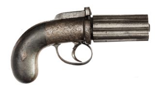 A 6 shot 70 bore self cocking bar hammer percussion pepperbox revolver, 7¾” overall, barrels 3” with