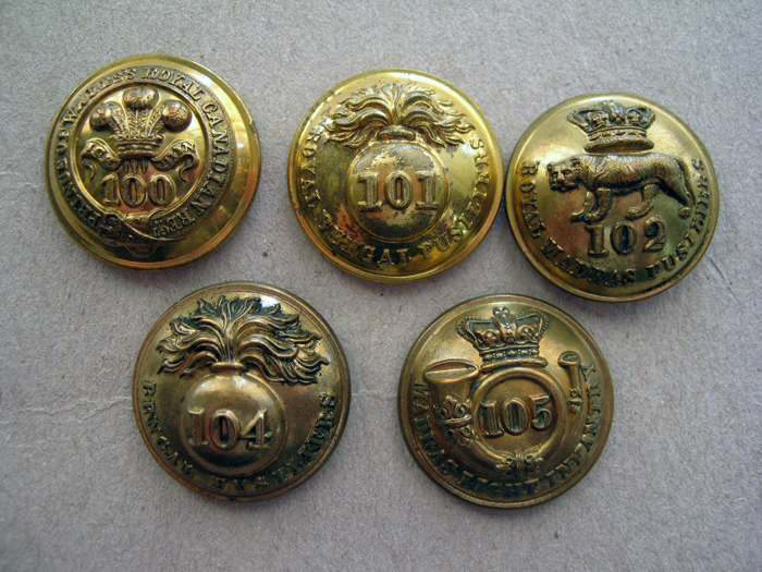 5 pre 1881 infantry officers’ large gilt numbered tunic buttons: 100th, 101st, 102nd, 104th and