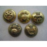 5 pre 1881 infantry officers’ large gilt numbered tunic buttons: 100th, 101st, 102nd, 104th and