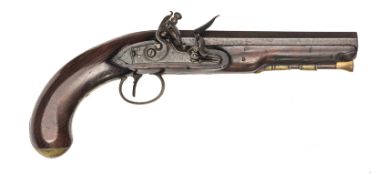 A 16 bore flintlock holster pistol by T K Hutchinson, c 1820, 12½” overall, octagonal barrel 6¾ with