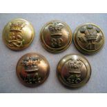 5 pre 1881 infantry officers’ large gilt numbered tunic buttons: 38th, 39th, 41st, 44th and 45th. GC