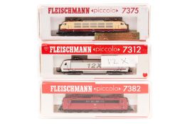 3 Fleischmann ‘Piccolo’ N gauge electric locomotives. 2x DB Bo-Bo 103 118-6 in cream and red (