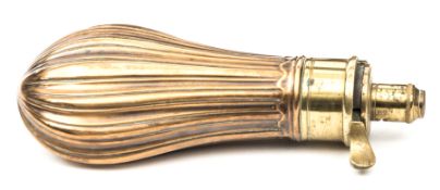 A pistol size copper powder flask “Fluted” (similar to Riling 237), brass top with spring (broken)