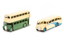 2 Dinky Toys Buses. Leyland Double Deck Bus (290) in dark green and cream with light green wheels,