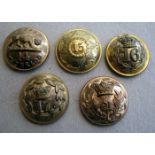 5 pre 1881 infantry officers’ large gilt numbered tunic buttons: 14th, 15th, 16th, 17th and 21st.