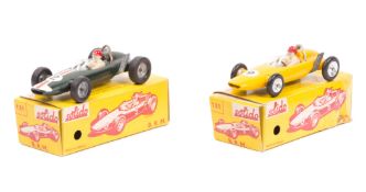 2 scarce Solido single seater racing cars. 2 BRM. One in yellow, RN 9, driver with red helmet.