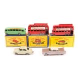 5 Matchbox Series vehicles. A boxed No.56 London Trolleybus with red poles and MW. Together with