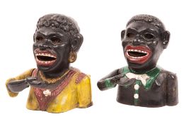 2 American cast iron money banks. A male bust of ‘The Jolly N. Bank’ with dark green collar and