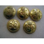 5 pre 1881 infantry officers’ large gilt numbered tunic buttons: 85th, 86th, 87th, 88th and 89th.