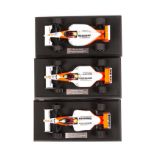 3 Paul’s Model Art (Minichamps) LANG 1:18 scale F1 racing cars on display plinths. All Honda McLaren