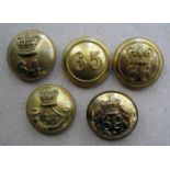 5 pre 1881 infantry officers’ large gilt numbered tunic buttons: 64th, 65th, 66th, 68th and 69th.