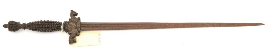 A composite dagger, slender tapering 17th century blade 16½”, with traces of maker’s name in half