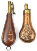 An embossed copper powder flask “Shell” (sim to R355 but plain top and no rings), 6¾” overall, by