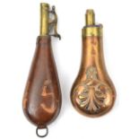 An embossed copper powder flask “Shell” (sim to R355 but plain top and no rings), 6¾” overall, by