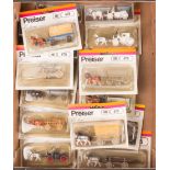 17 HO gauge railway lineside models of horses pulling carts by Preiser. Examples include cart horses