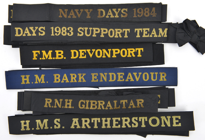 A similar lot of 22 Naval cap tallies, comprising 14 old weave: H.M.S. Artherstone, Gavington and